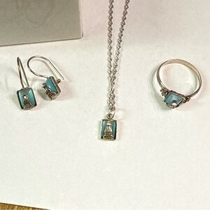 Vintage Set .925 Sterling Silver Turquoise Necklace, Earrings, & Ring Matching
